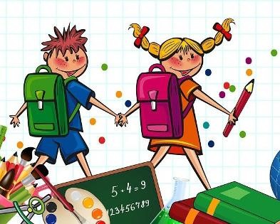 Zwei Schulkinder mit Rucksäcken und Schulsachen (Malkasten, Bücher, Bleistift)